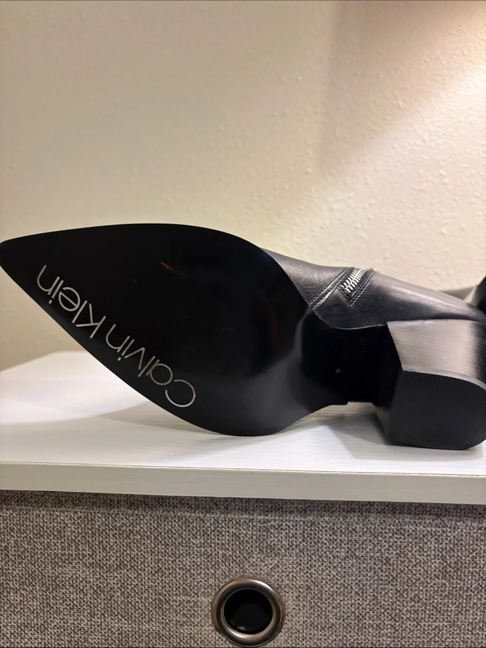Calvin Klein Black Leather Pointed Ankle Booties with Side Zip